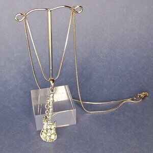 Guitar Pendant Charm Necklace Silver Tone 22" Lead & Nickel Free